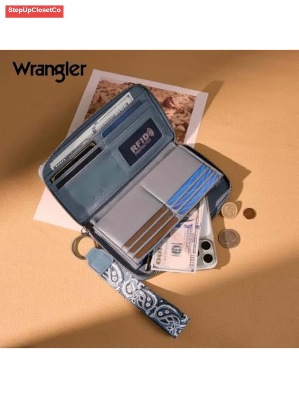 Western Paisley Wristlet Wallet Women PU Leather Zip Around Card Holder Clutch